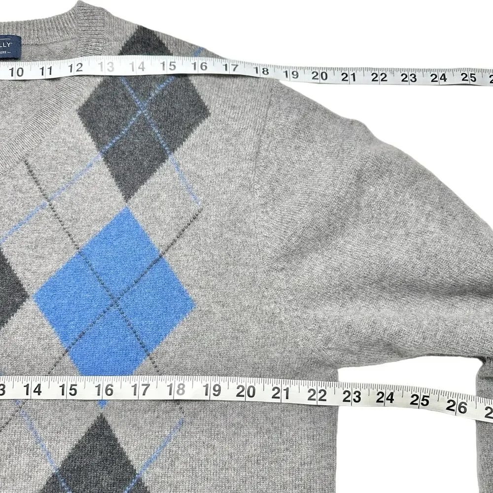 Allen Solly | Men | 100% 2-Ply Cashmere Gray Argyle V-Neck Sweater | Size Large